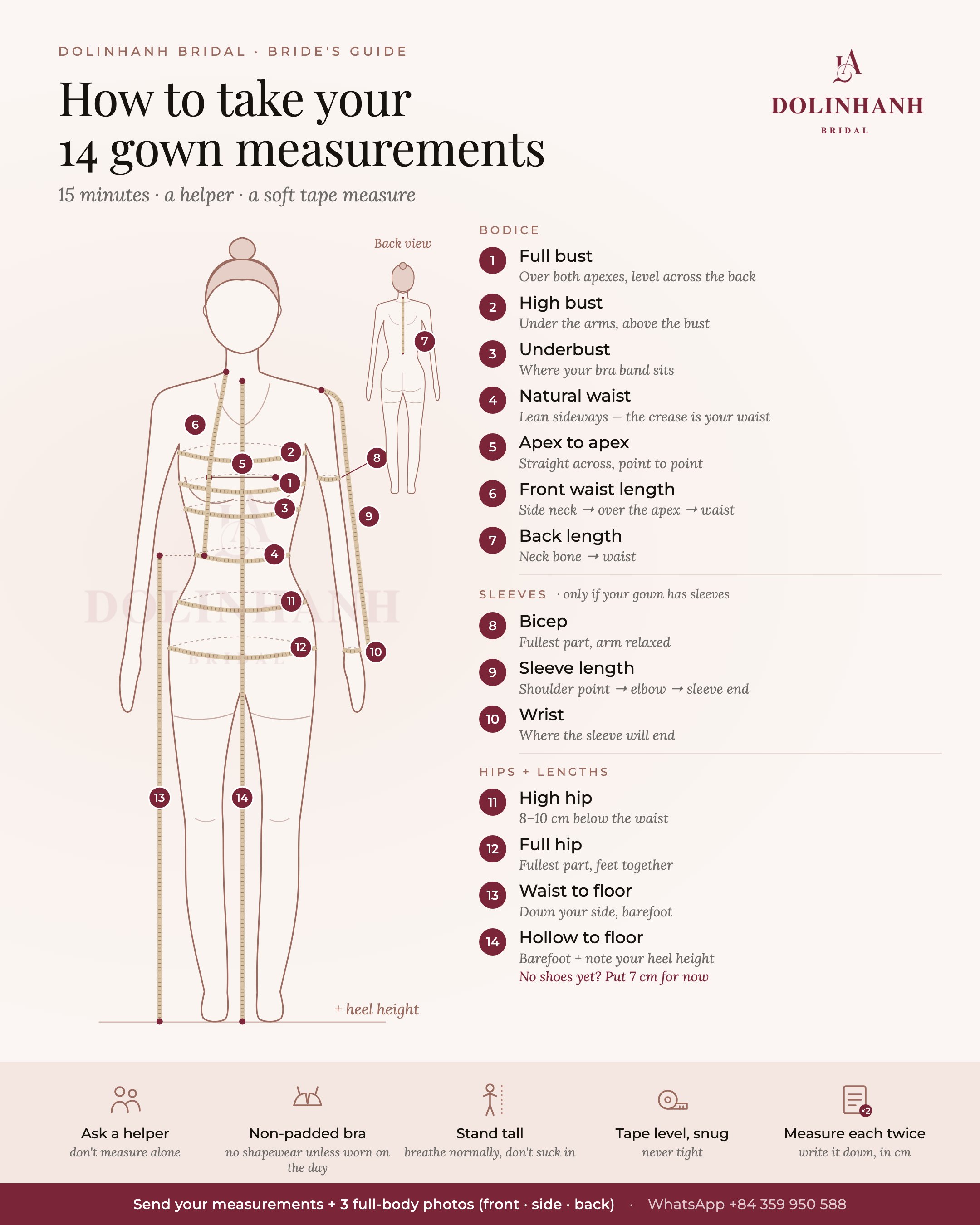 How to take your 14 gown measurements: numbered body chart and 5 measuring tips