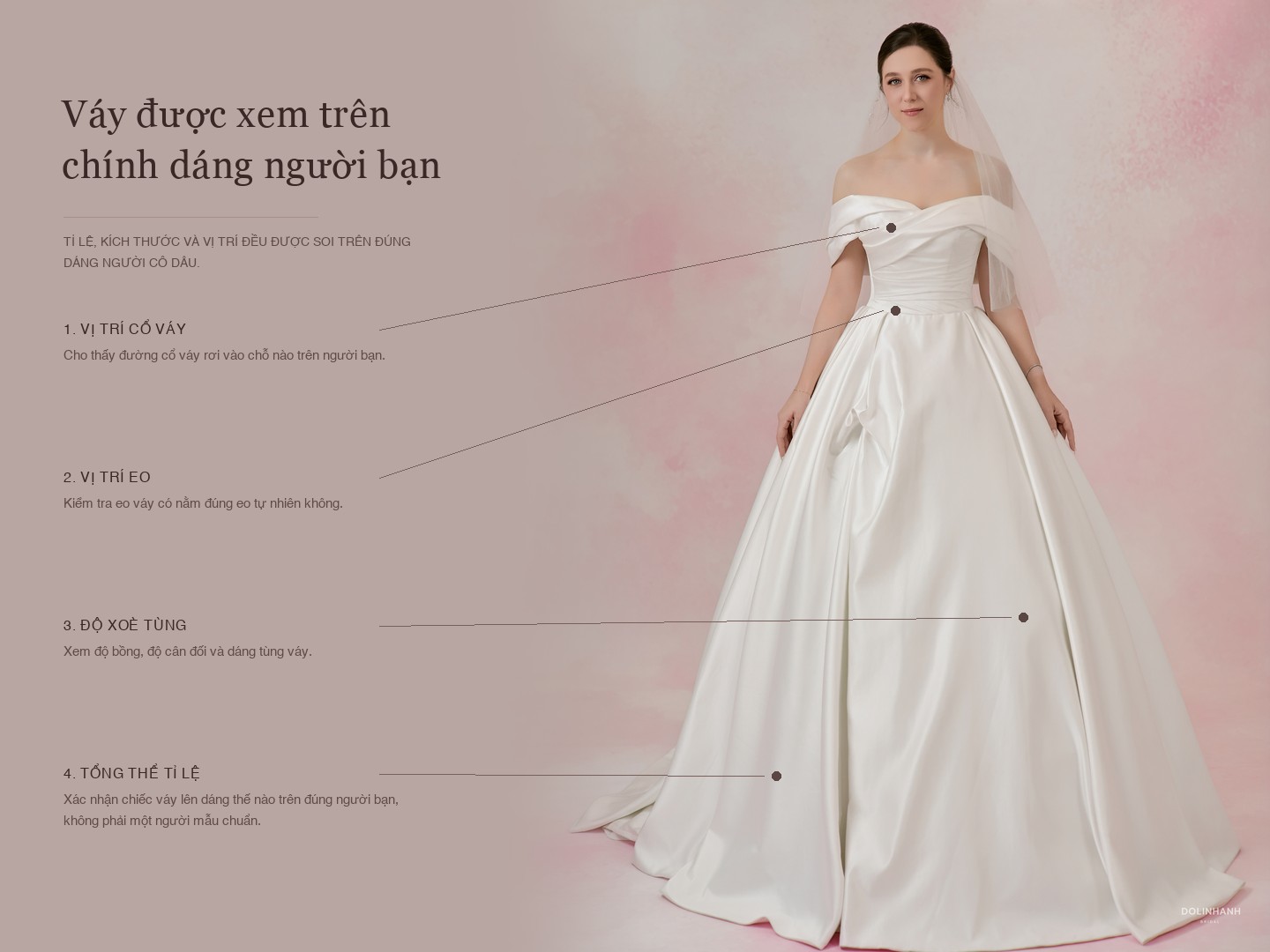 Chiếc váy được xem trên chính dáng người cô dâu: vị trí cổ váy, vị trí eo, độ xoè tùng, tổng thể tỉ lệ