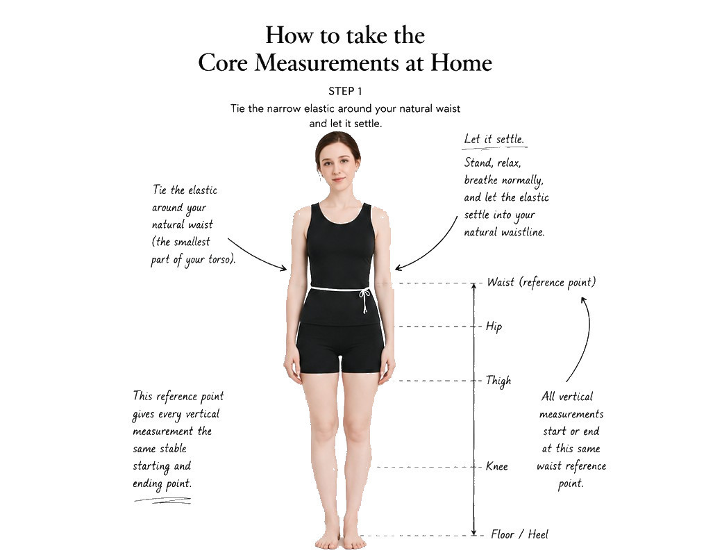 Tying the elastic at the natural waist as the reference for every length