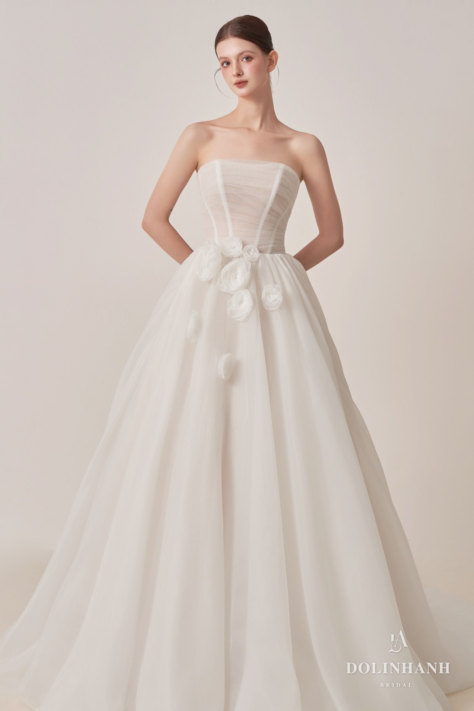 Strapless A-line gown with 3D floral appliqué